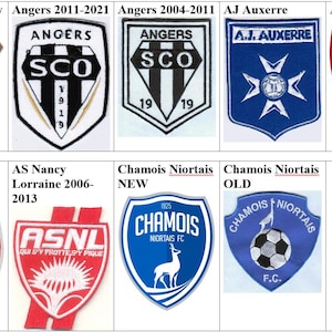 May include: A collage of 10 different football team logos. The logos are all in a shield shape and feature various colours and designs. The logos include the names of the teams, such as Angers SCO, AS Cannes, and Chamois Niortais.