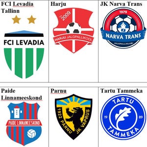 May include: A collection of ten soccer team logos, each with unique designs and colors. The logos feature team names like FC Flora, FCI Levadia, and JK Narva Trans, with various shapes and emblems.