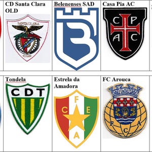 Puede incluir: Una colección de nueve parches bordados de equipos deportivos dispuestos en una cuadrícula. Los parches presentan diversas formas de escudos y emblemas con variados esquemas de color, incluyendo rojo, blanco, azul, negro, verde y amarillo.