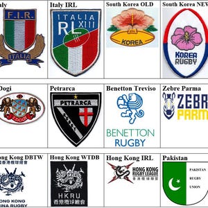 May include: A collection of twelve embroidered patches featuring various sports team logos and emblems, including rugby-themed designs from Italy, South Korea, Hong Kong, and Pakistan, displayed in a grid format with text labels for each individual patch.