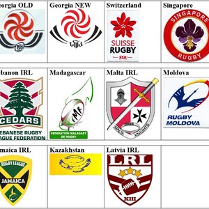 May include: A grid of eleven embroidered rugby patches featuring various national team logos, including Georgia, Switzerland, Singapore, Lebanon, Madagascar, Malta, Moldova, Jamaica, Kazakhstan, and Latvia, displayed on a white background.