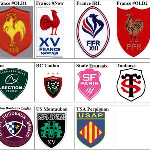 Puede incluir: Una colección de once parches deportivos bordados que presentan varios logotipos de equipos, incluyendo emblemas de gallos, formas de escudo y diseños circulares con textos como FFR, XV, Pau, RC Toulon, Stade Francais, Toulouse y USAP.
