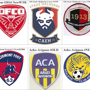 Può includere: Un collage di otto loghi di squadre di calcio diverse. I loghi sono tutti a forma di scudo e presentano vari colori e design. I loghi includono i nomi delle squadre, come Dijon, Clermont Foot 63 e Arles-Avignon.