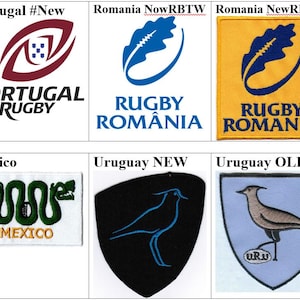 May include: A collection of ten embroidered patches featuring various national rugby team logos, including Portugal, Romania, Namibia, Mexico, and Uruguay, displayed in a grid with text labels identifying each country and version.