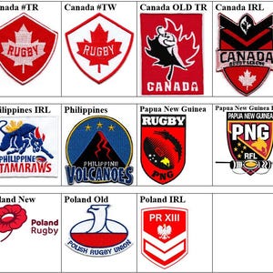 May include: A collection of eleven embroidered fabric patches featuring various rugby team logos and emblems, including designs for Canada, Philippines, Papua New Guinea, and Poland, displayed in a grid with identifying text labels above each.