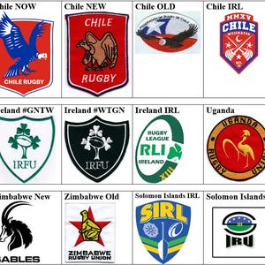 Könnte beinhalten: Eine Sammlung von zwölf gestickten Sportaufnähern mit verschiedenen Logos nationaler Rugby-Teams, darunter Chile, Irland, Uganda, Simbabwe und die Salomonen, angeordnet in einem Raster mit Textbeschriftungen zur Identifizierung der Embleme.