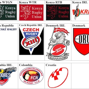 May include: A collection of eleven rugby union and rugby league team logos arranged in a grid. The logos feature various emblems including lions, toucans, shields, and rugby balls, with text such as Kenya Rugby Union, Czech Rugby, and DRU.