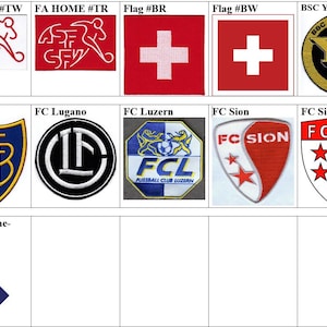Pode incluir: Uma coleção de logotipos de equipes de futebol e bandeiras. Os logotipos são para o FC Basel, o FC Lugano, o FC Lucerna, o FC Sion, o FC Sion #NEW, o BSC Young Boys e o FC Lausanne-Sport. As bandeiras são a bandeira suíça em vermelho e branco, e a bandeira suíça em vermelho e branco com uma borda preta.