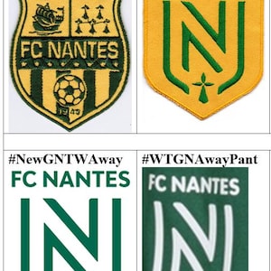 Puede incluir: Cuatro versiones diferentes del logotipo del equipo de fútbol del FC Nantes. El primer logotipo es un escudo amarillo y verde con un barco y el texto "FC Nantes" y "1943". El segundo logotipo es un escudo amarillo con una "N" verde y una cruz. El tercer logotipo es un escudo verde con una "N" blanca y una cruz. El cuarto logotipo es un escudo verde con una "N" blanca y una cruz.