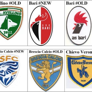 Może przedstawiać: Kolaż dziewięciu haftowanych naszywek przedstawiających logo różnych włoskich drużyn piłkarskich. Naszywki są ułożone w siatkę o trzech rzędach i trzech kolumnach. Reprezentowane drużyny to Avellino, Bari, Atalanta, Benevento, Brescia Calcio i Chievo Verona. Naszywki są w różnych kolorach i wzorach, a wszystkie zawierają nazwę i logo drużyny.