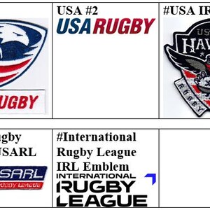 Puede incluir: Una colección de cinco parches bordados con logotipos de rugby. Los diseños incluyen el escudo de USA Rugby, el texto USA RUGBY, el emblema de USARL Hawks con un ave y un balón, el logo de USARL con un balón y el logo de International Rugby League.