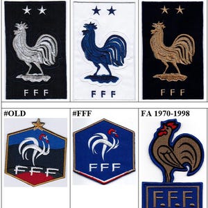 Puede incluir: Seis versiones diferentes del escudo de la selección nacional de fútbol de Francia, con un gallo y las letras FFF. Los escudos están bordados y tienen diferentes colores y diseños, incluyendo negro, blanco, azul, dorado y rojo.
