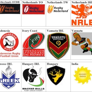 May include: A grid of twelve embroidered patches featuring various international rugby union and league logos, including text such as Rugby Nederland, NRLB, Indonesian Rugby Football Union, Federation Ivoirienne De Rugby, Vanuatu Rugby League, Greek Rugby League Association, Magyar Bulls, and Rugby India.