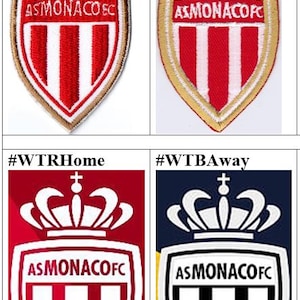 May include: Four different versions of the AS Monaco FC logo. The first two logos are embroidered patches with a red and white shield with a gold crown on top. The third logo is a red shield with a white crown on top. The fourth logo is a white shield with a black crown on top.