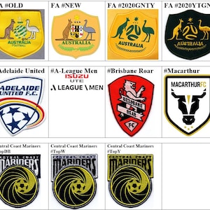 Op de afbeelding: Een verzameling geborduurde patches met logo's van Australische voetbalteams. De patches zijn geel, groen, zwart en rood met witte tekst en afbeeldingen. De logo's omvatten het Australische nationale team, Adelaide United, A-League Men, Brisbane Roar en Macarthur FC.