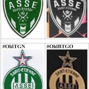 Op de afbeelding: Vier verschillende versies van een groen-wit voetbalembleem. De emblemen tonen een ster, de teamnaam "ASSE" en de stad "Saint-Étienne".