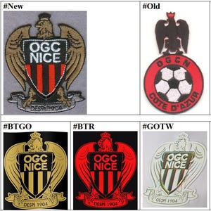 May include: A comparison of different versions of the OGC Nice football team logo. The logos feature a shield with a red and black striped design, a golden eagle, and the text "OGC NICE" and "DESPI 1904".