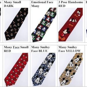 May include: A selection of Mickey Mouse themed ties. The designs showcase different poses and patterns, in colours such as black, red, blue, and yellow. Each tie features the iconic Disney character.