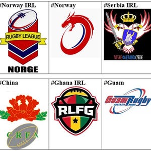 May include: A collection of nine distinct rugby-related emblems arranged in a grid. The logos feature various national symbols, including a red hibiscus, a dragon, a double-headed eagle, a plum, a green eagle, a red flower, and text like RLFG.