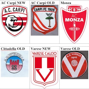 Può includere: Un collage di otto loghi di squadre di calcio diverse. I loghi sono tutti in rosso, bianco e nero. I loghi sono disposti in due file di quattro. I loghi sono tutti di squadre di calcio italiane.