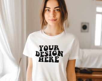 White, Gildan 64000 model mockup, 64000 soft-style mock-up, trendy Gildan model mockups, crewneck tshirt, womens lifestyle mockup, digital