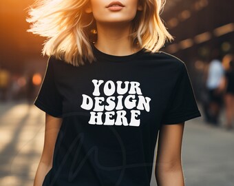 Black, Gildan 64000 model mockup, 64000 soft-style mock-up, trendy Gildan model mockups, crewneck tshirt, women's lifestyle mockup, digital