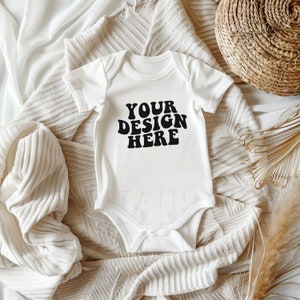 Rabbit Skins 4400 baby mockup, White, boho baby flat lay mock-up, unisex baby body suit flat lay, cute baby lifestyle mockup, minimalist