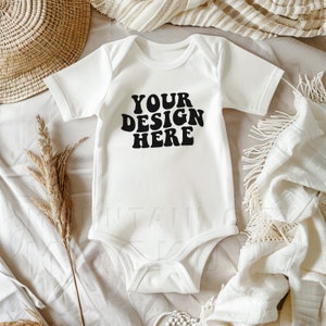 White, Rabbit Skins 4400 baby mockup, baby flat lay mock-up, baby body suit flat lay, cute boho baby lifestyle mockup, minimalist, digital