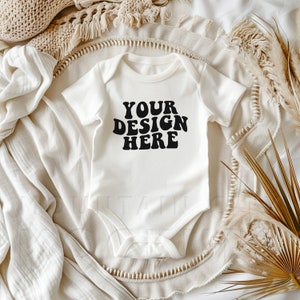 Rabbit Skins 4400 baby mockup, White, boho baby flat lay mock-up, unisex baby body suit flat lay, cute baby lifestyle mockup, minimalist