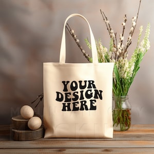 Tote Bag Mockup, Ostern Mockup, generisches Canvas Tragetasche Mockup, süße Ostern Frühling gestylt flach liegend, Lifestyle Mockup, neutrale Farben