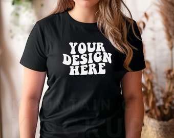 Gildan 64000 model mockup, Black, 64000 soft-style mock-up, trendy Gildan model mockups, crewneck tshirt flat lay, womens lifestyle mockup