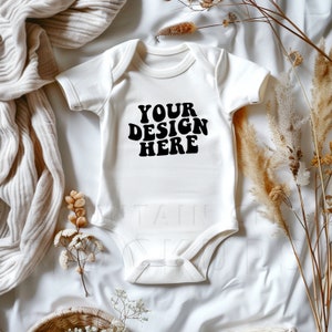 White, Rabbit Skins 4400 baby mockup, baby flat lay mock-up, baby body suit flat lay, cute boho baby lifestyle mockup, minimalist, digital