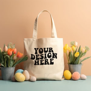 Ostern Canvas Tragetasche Mockup, generisches Canvas Tote Bag Mockup, Ostern Modell, bunter Frühling gestylt flach liegend, Lifestyle Mockup, neutrale Farben