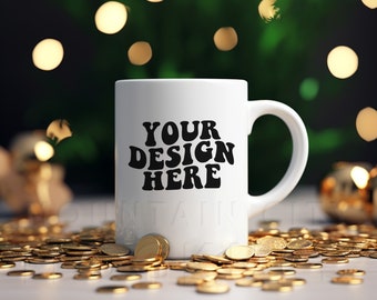 11oz White mug mockup, St. Patricks Day mug mockup, sublimation mug mockup, styled flat lay, lifestyle mockup, digital download, blank mug