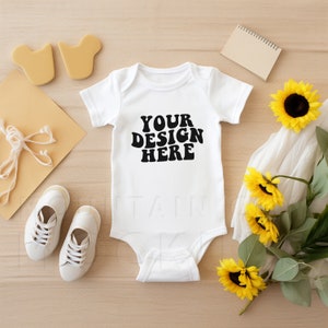 White, Rabbit Skins 4400 baby mockup, baby flat lay mock-up, baby body suit flat lay, cute boho baby lifestyle mockup, minimalist, digital