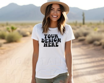 Gildan 64000 model mockup, White, 64000 soft-style mock-up, trendy Gildan model mockups, crewneck tshirt, womens boho lifestyle mockup