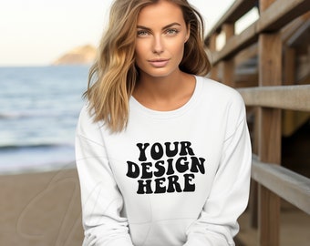 White, Gildan 18000 mockup, Gildan mockup, Gildan 18000 beach mockup, 18000 sweatshirt mockup, trendy lifestyle mockup, model mockups