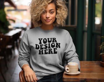 Sport Grey, Gildan 18000 mockup, Gildan mockup, womens Gildan 18000 crew neck, 18000 sweatshirt mockup, trendy lifestyle mockup, model mocks