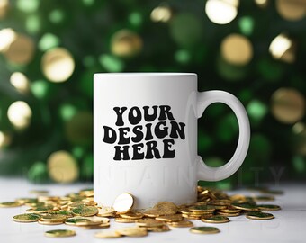 St. Patricks Day mug mockup, 11oz White mug mockup, sublimation mug mockup, styled flat lay, lifestyle mockup, digital download, blank mug