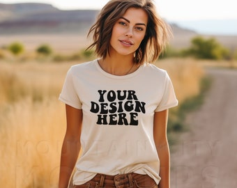 Gildan 64000 model mockup, Natural, 64000 soft-style mock-up, trendy Gildan model mockups, crewneck tshirt, womens lifestyle mockup, digital
