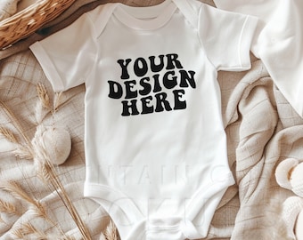Rabbit Skins 4400 baby mockup, White, boho baby flat lay mock-up, unisex baby body suit flat lay, cute baby lifestyle mockup, minimalist