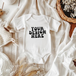 White, Rabbit Skins 4400 baby mockup, boho baby flat lay mock-up, unisex baby body suit flat lay, cute baby lifestyle mockup, minimalist