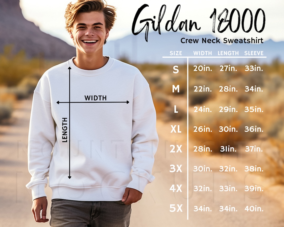 Gildan 18000 Size Chart, 18000 Mockup, Model Mockup, Gildan Size Chart