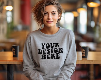 Gildan 18000 mockup, Sport Grey, Gildan mockup, womens Gildan 18000 crew neck, 18000 sweatshirt mockup, trendy lifestyle mockup, model mocks