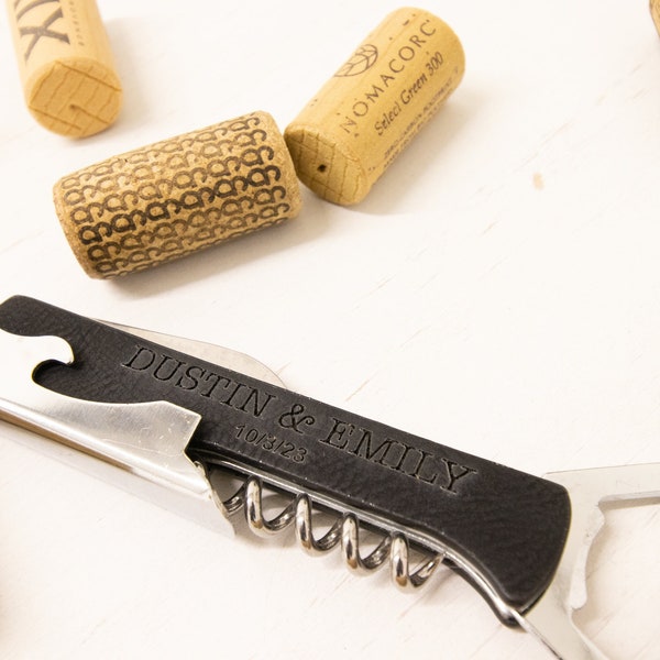 Custom engraved leather corkscrew, Personalized leather bottle opener, Wine corkscrew, custom bottle opener, wedding gift, custom logo