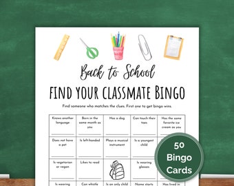 50 Back to School Classmate Bingo Cards, First Day of School Icebreaker, Get to Know You