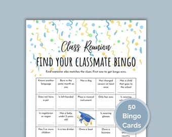 50 Class Reunion Find Your Classmate Bingo Cards, Reunion Icebreaker, Get to Know You, Mix and Mingle