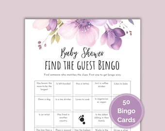 Floral Baby Shower Bingo: Find The Guest Game, 50 Cards (Printable Instant Download)