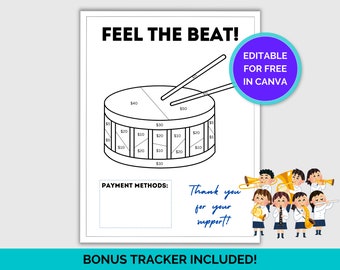 Editable Band/Marching Band Fundraiser Tracker, Feel the Beat/Drum Design, Canva Editable, Bonus Form Included