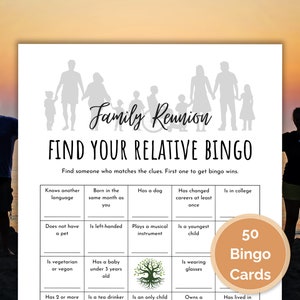 50 Réunion de famille Cartes de bingo « Trouvez votre parent », jeu brise-glace de la Réunion